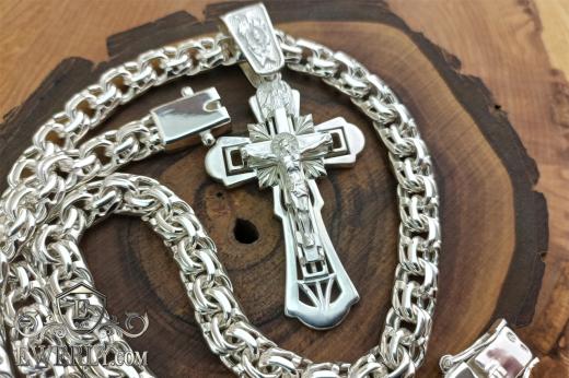 Silver chain "Bismarck" and cross with crucifix, фото