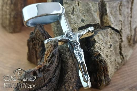 Silver cross with the crucifixion of Jesus Christ, фото